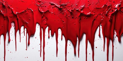Poster - Abstract close-up of vibrant red paint dripping down a textured white surface, creating a stunning contrast that showcases glossy, wet finishes ideal for artistic projects.