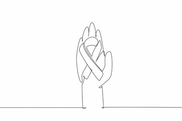 Poster - Single one line drawing one open palm has a ribbon forming cancer symbol. Symbol for helping each other. Positive activities for charity. World Cancer Day. Continuous line design graphic illustration