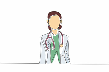 Wall Mural - Continuous one line drawing a female doctor standing confidently with a stethoscope around neck. Professionalism. Expertise. National Women Physicians Day. Single line draw design vector illustration