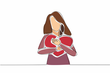Poster - Single continuous line drawing  woman is holding large heart against her chest. Her arms wrap around it protectively, symbolizing self-love. National Wear Red Day. One line design vector illustration