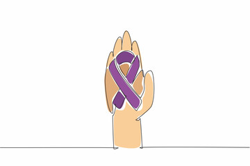 Poster - Single one line drawing one open palm has a ribbon forming cancer symbol. Symbol for helping each other. Positive activities for charity. World Cancer Day. Continuous line design graphic illustration