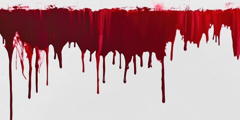 Poster - Vivid Red Paint Dripping Down a White Wall, Creating a Striking Contrast of Color and Texture, Evoking Emotions of Passion and Intensity in an Artistic Composition