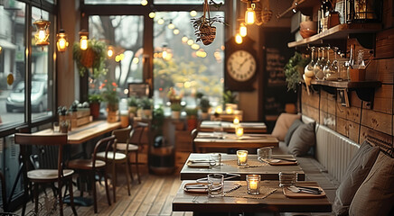 Poster - A cozy and warmly lit cafe, perfect for relaxation and comfort. The interior features a rustic, inviting aesthetic with a combination of wooden.