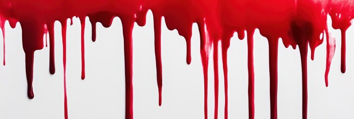 Poster - Vivid Red Paint Dripping Down White Background Creating Abstract Art, Perfect for Design Projects, Editorial Use, and Creative Endeavors