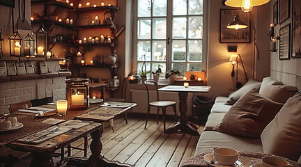 Poster - A cozy and warmly lit cafe, perfect for relaxation and comfort. The interior features a rustic, inviting aesthetic with a combination of wooden.