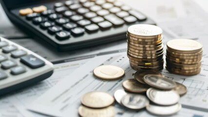 Poster - Shiny coins on financial documents with calculators hint at analyzing spending for effective budgeting and wealth building