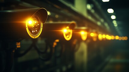 Poster - A series of surveillance cameras with illuminated lenses, set against a dark, industrial background, capturing a high-tech security environment.