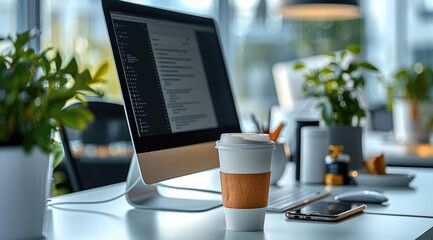 Poster - A computer screen on the white desk in the office. in front of the screen sits a mobile and a cup of takeaway coffee.