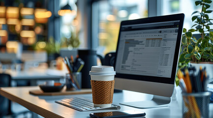 Poster - A computer screen on the white desk in the office. in front of the screen sits a mobile and a cup of takeaway coffee.