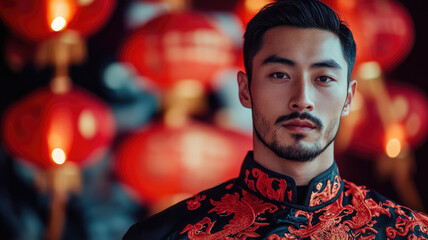 Wall Mural - Portrait of a handsome Asian man in traditional embroidered dress with festive red lanterns in the background