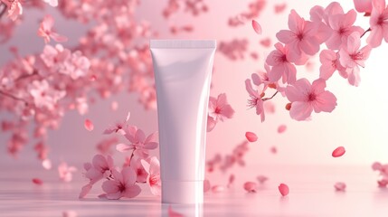 Canvas Print - A white cosmetic tube mockup with pink cherry blossoms floating on a pastel background.