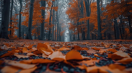 Poster - Orange leaves of autumn on the ground of a forest.