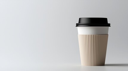 Poster - Minimalist white coffee cup with black lid standing on a smooth plain white background perfect for product mockup branding and advertising designs