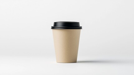 Poster - A plain simple coffee cup with a black lid standing on a smooth bright white background creating a clean minimalist scene ideal for product mockups advertising and branding purposes