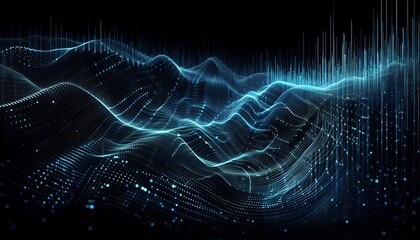 Image of horizontal lines of blue particles and undulating 3d landscape on black background. Communication technology, abstract digital interface background concept digitally generated image.