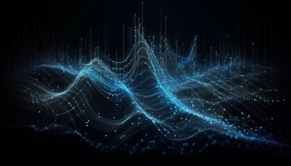 Wall Mural - Image of horizontal lines of blue particles and undulating 3d landscape on black background. Communication technology, abstract digital interface background concept digitally generated image.