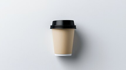 Poster - Minimalist and clean design of a single disposable coffee cup with a black lid placed in the center of a plain white background emphasizing the simplicity and elegance of the product