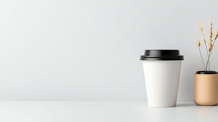 Poster - Single coffee cup with a black lid resting on a plain white surface creating a minimalist and elegant aesthetic perfect for product displays branding and commercial photography