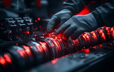 Poster - A focused hand adjusts a mechanical component amidst glowing red sparks in a dimly lit industrial setting, highlighting precision and craftsmanship.