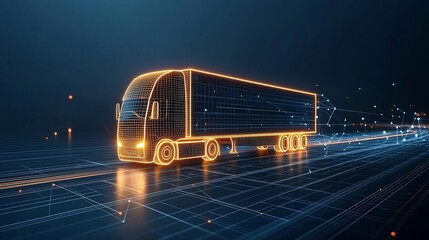 Fototapete - Illuminated semi trailer truck made of light lines driving across a global grid network at night symbolizing the modern trade and logistics on a dark blue background with a generative visual