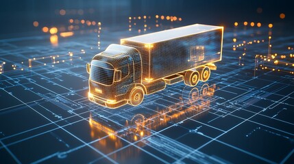 Aufkleber - Futuristic illuminated delivery truck crafted from bright lines transporting goods across a worldwide digital network floating above a glowing blue grid background powered by generative technology