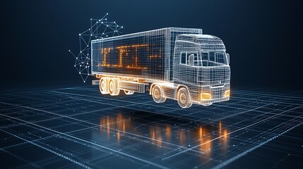 Fototapete - Futuristic semi trailer truck made from light points and lines symbolizing the global connectivity in logistics floating above a dark blue network grid with a generative influence