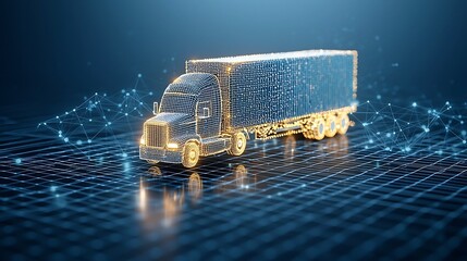 Fototapete - Digital representation of an illuminated semi trailer truck made of luminous points floating over a connected network grid on a deep blue background