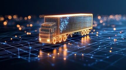 Aufkleber - A digital representation of an illuminated semi trailer truck made of luminous points floating over a connected network grid on a deep blue background