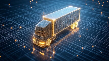 Aufkleber - A digital representation of an illuminated semi trailer truck made of luminous points floating over a connected network grid on a deep blue background