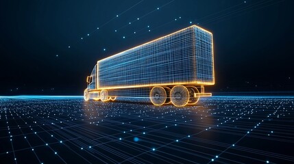 Aufkleber - An abstract semi trailer truck formed from glowing lines driving at night above a dark blue network grid emphasizing the influence of generative on global trade and logistics