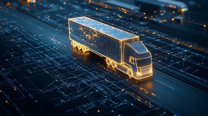 Aufkleber - An abstract semi trailer truck formed from glowing lines driving at night above a dark blue network grid emphasizing the influence of generative on global trade and logistics