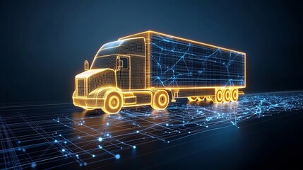 Aufkleber - An abstract semi trailer truck formed from glowing lines driving at night above a dark blue network grid emphasizing the influence of generative on global trade and logistics