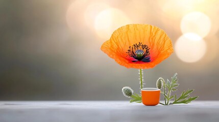 Aufkleber - Closeup macro shot of a vibrant poppy flower with intricate delicate petals and stamens beautifully illuminated by soft blurred bokeh light flares in the background  A stunning serene
