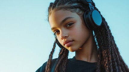 Poster - A young girl with long hair and headphones on her head