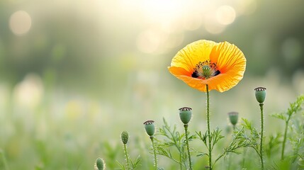 Poster - Detailed close up of a blooming poppy flower with vibrant colors and fine details of its stamens set against a backdrop of gentle bokeh light flares