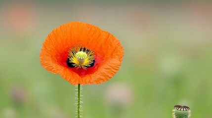 Poster - Stunning macro shot of a vibrant poppy flower with bright intricately detailed petals and stamens set against a soft blurred light background that creates a beautiful bokeh effect