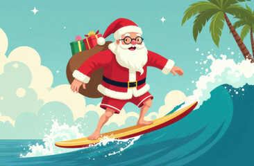 Wall Mural - Santa Claus with a bag of gifts on a surfboard riding a wave in the ocean, palm trees in the background