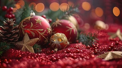 Poster - Christmas background with red and gold decorations, stars, and pine branches on a red backdrop. Festive Christmas.