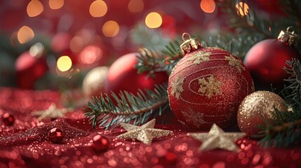 Poster - Christmas background with red and gold decorations, stars, and pine branches on a red backdrop. Festive Christmas.