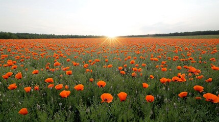 Poster - Breathtaking Panorama of an Expansive Field Blooming with Vibrant Poppies Under a Bright Radiant Sky   Captivating Natural Scenery Illuminated by Stunning Light Flares
