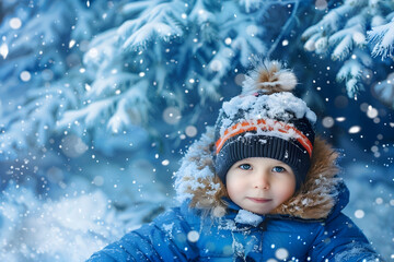 boy in winter outfit sitting near white snow near christmas trees on blue