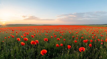 Poster - Breathtaking landscape of a large vibrant poppy field with flowers glowing in vivid colors under the gentle sun flares showcasing the serene and captivating beauty of the natural world
