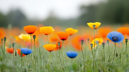 Aufkleber - Endless stretch of a vibrant poppy field bathed in the warm golden glow of the sun with soft flares that add a magical ethereal touch to the natural beauty of the landscape