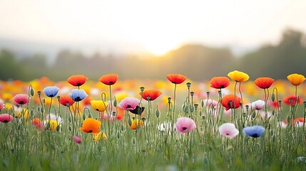 Poster - Endless expanse of vibrant colorful poppies basking in the warm golden sunlight with soft dreamy flares that add a magical touch to the natural beauty of the peaceful serene landscape