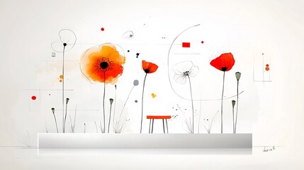Aufkleber - Abstract of vibrant poppy flowers blending watercolor and ink textures to create a dynamic modern and visual  The mixed media design features a colorful floral and botanical composition with a soft