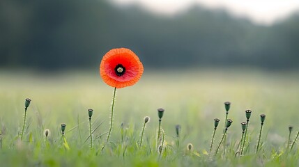 Aufkleber - Vibrant red poppy flower in full bloom with a blurred background symbolizing remembrance and honoring fallen heroes  The image conveys a sense of serenity contemplation