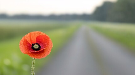 Poster - A close up detailed shot of a vibrant crimson red poppy flower in full bloom its delicate petals unfurled and capturing the essence of remembrance honor and reverence