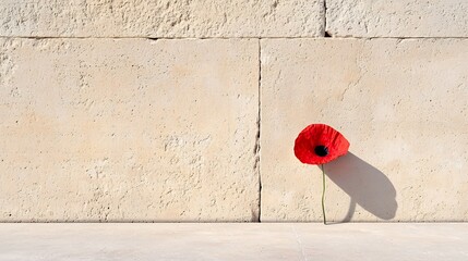 Aufkleber - Vibrant red poppy bloom resting on a smooth stone surface its soft shadow creating a serene and contemplative atmosphere