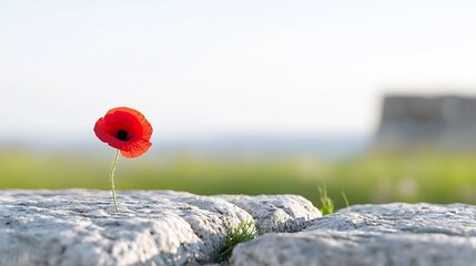 Aufkleber - Vibrant red poppy flower resting on a stone surface casting a soft shadow and symbolizing the memory of lives lost during wartime  The image evokes a sense of and solemn tribute