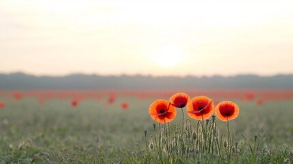Poster - Vibrant red poppies growing in a lush field at the peaceful golden hour of sunrise representing hope peace and remembrance for those who have made the ultimate sacrifice